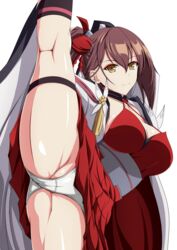  absurdres azur_lane breasts brown_eyes brown_hair cleavage collarbone commentary_request eyeshadow female hair_between_eyes hair_ornament highres japanese_clothes large_breasts long_hair long_sleeves looking_at_viewer makeup makiri_akira panties ponytail shiny_skin simple_background solo split standing standing_on_one_leg standing_split thigh_strap thighs underwear white_background white_panties wide_sleeves zuikaku_(azur_lane) 