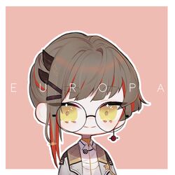  1boy atelier_live border brown_hair character_name chibi english_commentary europa_yuu glasses looking_at_viewer lowres male_focus round_eyewear smile solo virtual_youtuber white_border yellow_eyes yueko_(jiayue_wu) 