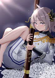  bad_id bad_pixiv_id blush closed_mouth feet_out_of_frame female flower girls&#039;_frontline grey_hair griffin_&amp;_kryuger hair_ornament highres holding holding_instrument idolmaster idolmaster_cinderella_girls instrument long_sleeves looking_at_viewer lying m200_(girls&#039;_frontline) m200_(solemn_march)_(girls&#039;_frontline) marching_band official_alternate_costume on_back one_smoke purple_eyes short_hair smile solo white_flower white_uniform 