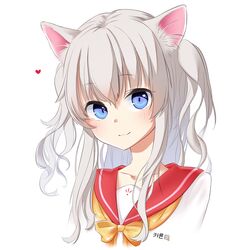  animal_ear_fluff animal_ears bad_id bad_pixiv_id blue_eyes blush cat_ears charlotte_(anime) closed_mouth commentary_request female grey_hair heart highres hoshinoumi_academy_school_uniform korean_commentary long_hair looking_at_viewer neckerchief noob_(pixiv_35498425) red_sailor_collar sailor_collar school_uniform serafuku shirt sidelocks simple_background smile solo tomori_nao white_background white_shirt yellow_neckerchief 