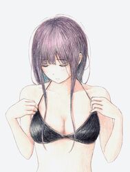  adjusting_clothes bare_shoulders bbmasa bikini bikini_top_only black_bikini blunt_bangs breasts cleavage closed_eyes closed_mouth collarbone colored_pencil_(medium) female hibike!_euphonium highres liz_to_aoi_tori long_hair looking_down purple_hair small_breasts solo swimsuit traditional_media white_background yoroizuka_mizore 