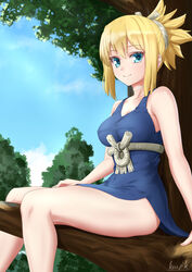  absurdres blonde_hair blue_dress blue_eyes blue_sky breasts cleavage closed_mouth collar collarbone commentary_request covered_nipples day dr._stone dress female hair_between_eyes highres in_tree kayama_kouji kohaku_(dr._stone) medium_breasts medium_hair outdoors short_dress side_slit sidelocks signature sitting sitting_in_tree sky sleeveless sleeveless_dress smile solo thighs tied_hair tree 