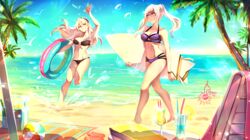  2girls alternate_costume arm_up armpits artist_logo artist_name ball bare_legs barefoot beach beach_chair beach_towel beachball bikini bird black_bikini breasts cherry_in_the_sun cleavage cloud cloudy_sky collarbone commentary_request commission corrin_(female)_(fire_emblem) corrin_(fire_emblem) cup day drinking_glass drinking_straw fire_emblem fire_emblem_awakening fire_emblem_fates food fruit full_body grin hairband innertube lemon lemon_slice long_hair medium_breasts midriff multiple_girls navel o-ring o-ring_bikini ocean outdoors palm_tree parasailing pointy_ears purple_bikini red_eyes robin_(female)_(fire_emblem) robin_(female)_(summer)_(fire_emblem) robin_(fire_emblem) running sand sandals seagull sky smile surfboard swim_ring swimsuit thighs towel tree twintails unworn_sandals walking waving white_hair wristband yellow_eyes 