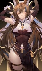  absurdres arms_up breasts brown_dress brown_hair closed_eyes detached_sleeves dress female galleon_(granblue_fantasy) gradient_background granblue_fantasy highres horns ktr_(tpun2553) large_breasts long_hair pointy_ears pouch solo thigh_pouch 