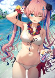  ;d absurdres amou_sera beach bikini blue_eyes blue_hair blue_nails blue_sky blush bottle breasts cleavage cloud commentary cross_hair_ornament day female flower flower_necklace hair_flower hair_ornament halterneck highres holding holding_bottle indie_virtual_youtuber large_breasts lei multicolored_hair nail_polish navel navel_piercing one_eye_closed open_mouth outdoors piercing pink_hair ramune side-tie_bikini_bottom sky smile solo stomach streaked_hair string_bikini sweatdrop swimsuit sy4 thighs twintails virtual_youtuber wet white_bikini 