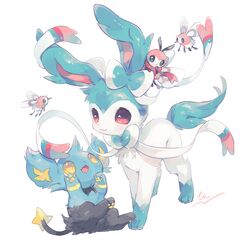  alternate_color bad_id bad_pixiv_id blush closed_mouth commentary_request cutiefly hideko_(l33l3b) highres no_humans oerba_yun_fang open_mouth pink_eyes pokemon pokemon_(creature) prehensile_ribbon ribombee shinx shiny_pokemon signature smile sylveon tongue white_background yellow_eyes 