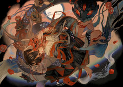  1boy bare_legs barefoot black_robe branch brown_hair character_request chinese_clothes closed_mouth commentary_request dragon eastern_dragon facial_mark falling_petals flower full_body hannya_(onmyoji) horns leg_tattoo looking_at_viewer male_focus mask oni_mask onmyoji onmyoji:_the_card_game otoko_no_ko petals red_flower red_ribbon ribbon robe sash shirt short_hair smile solo tattoo tsubonari white_shirt yellow_eyes 