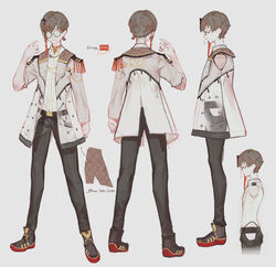  1boy absurdres atelier_live brown_hair english_commentary europa_yuu from_side glasses grey_background highres jacket looking_at_viewer multiple_views reference_sheet round_eyewear softmode standing virtual_youtuber 