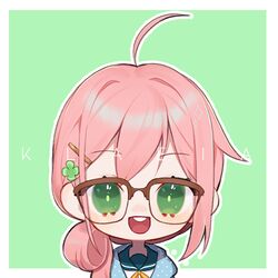  atelier_live character_name chibi english_commentary female glasses green_background green_eyes klaeia_(vtuber) looking_at_viewer lowres open_mouth sailor_collar smile solo straight-on tied_hair virtual_youtuber yueko_(jiayue_wu) 