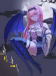  absurdres ascot bat_(animal) black_gloves black_hairband black_skirt blush boots breasts closed_mouth counter:side doram female flying full_body gloves green_eyes hairband high_heel_boots high_heels highres knee_boots long_hair looking_at_viewer moon night night_sky pink_hair pointy_ears shirt skirt sky smile solo vampire vampire_costume white_shirt wide_sleeves wings yuna_springfield 