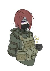  anger_vein armedshipyard breast_conscious brown_hair bulletproof_vest clenched_hand commentary_request escape_from_tarkov female flat_chest hair_over_one_eye load_bearing_vest looking_at_viewer mask military purple_eyes short_hair solo white_background 