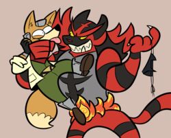  anthro canid canine clothing crossover duo footwear fox fox_mccloud generation_7_pokemon gloves handwear incineroar male mammal nintendo pokemon pokemon_(species) rusheloc simple_background star_fox teeth tongue tongue_out 