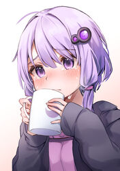  azumake_(azumakei) black_jacket blush closed_mouth crying crying_with_eyes_open cup dress eyebrows_visible_through_hair female hair_between_eyes hair_ornament highres holding holding_cup hood hooded_jacket jacket long_sleeves purple_dress purple_eyes purple_hair short_hair_with_long_locks solo tears upper_body vocaloid voiceroid yuzuki_yukari 