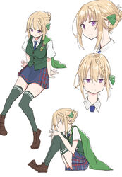  bad_id bad_twitter_id blonde_hair blue_necktie blue_skirt braid braided_bangs braided_bun brown_footwear commentary_request dress_shirt female green_legwear green_vest hair_bun highres kantai_collection loafers mikiki multiple_views necktie perth_(kancolle) plaid plaid_skirt pleated_skirt school_uniform shirt shoes short_hair short_sleeves simple_background single_hair_bun sitting skirt thighhighs upper_body vest white_background white_shirt 