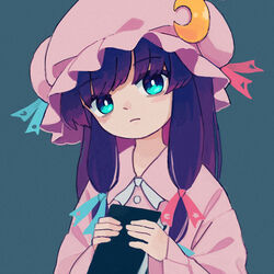  alternate_eye_color blue_eyes blue_ribbon book commentary crescent crescent_hat_ornament dress female green_background hair_ribbon hat hat_ornament hat_ribbon holding holding_book long_hair looking_at_viewer mob_cap patchouli_knowledge pink_dress pink_hat pink_ribbon purple_hair ribbon solo touhou upper_body you_taira 