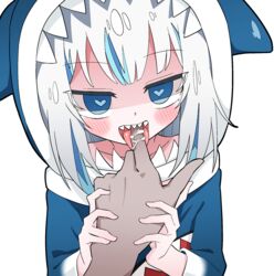  1boy animal_hood biting biting_another&#039;s_finger blue_eyes blue_hair blue_hoodie blunt_bangs collarbone dusonson female finger_to_mouth gawr_gura gawr_gura_(1st_costume) grey_hair hand_grab heart heart-shaped_pupils highres hololive hololive_english hood hoodie jitome korean_commentary long_sleeves looking_at_viewer multicolored_hair off_shoulder saliva shark_girl shark_hood sharp_teeth size_difference solo_focus streaked_hair symbol-shaped_pupils teeth tongue tongue_out virtual_youtuber white_background 