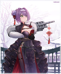  architecture azur_lane black_gloves breasts building cannon china_dress chinese_clothes clothing_cutout crossed_legs dress east_asian_architecture feather_boa female folded_ponytail gloucester_(azur_lane) gloucester_(brilliance_in_purple)_(azur_lane) gloves hair_between_eyes hairband highres holding holding_paper lace-trimmed_hairband lace_trim marik_bentusi medium_breasts official_alternate_costume outdoors pantyhose paper shrug_(clothing) side_slit snowing solo standing thighband_pantyhose turret watson_cross yellow_eyes 