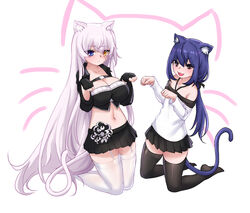  2girls animal_ear_fluff animal_ears black_legwear blue_hair blush breasts cat_ears cat_girl cat_tail flat_chest heterochromia highres large_breasts long_hair multiple_girls navel original skirt tail thighhighs very_long_hair white_legwear yeklsa 