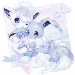  alolan_vulpix alternate_color animal_focus bad_id bad_pixiv_id biting blue_eyes blush bow bubble commentary_request ear_biting eevee eyelashes heart hideko_(l33l3b) highres looking_at_viewer lying no_humans on_back pawpads pokemon pokemon_(creature) ribbon shiny_pokemon sitting sitting_on_tail vulpix white_fur 