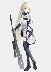  black_footwear black_thighhighs blonde_hair bolt_action boots bow closed_mouth female finger_to_mouth full_body girls&#039;_frontline gloves green_bow green_hairband grey_gloves gun hairband hairbow highres holding holding_gun holding_weapon jacket korean_commentary long_hair looking_away ponytail protected_link red_eyes rifle single_glove smile sniper_rifle solo standing sv-98 sv-98_(girls&#039;_frontline) sv-98_(mod3)_(girls&#039;_frontline) thighhighs weapon wh1te white_background white_jacket 