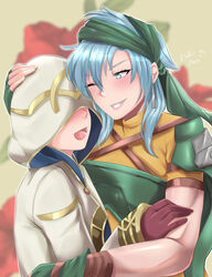  1other bandana blue_eyes blue_hair echidna_(fire_emblem) female fire_emblem fire_emblem:_the_binding_blade fire_emblem_heroes gloves hair_between_eyes highres hood hug kiran_(fire_emblem) kiran_(male)_(fire_emblem) medium_hair one_eye_closed rinku_bny smile straight toned 