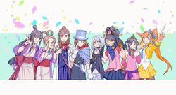  6+girls ace_attorney_investigations aged_down apollo_justice:_ace_attorney aqua_background arm_behind_back arm_up ascot athena_cykes back_bow bag bandana bare_shoulders belt black_eyes black_gloves black_hair black_legwear blue_cape blue_dress blue_hair blue_headwear blue_necktie blue_ribbon blue_shirt blue_skirt blue_vest blunt_bangs blush bow bowtie bracelet breasts brooch brown_eyes brown_gloves brown_hair buttons cape chinese_commentary clenched_hand closed_mouth coat collared_shirt commentary_request confetti cowboy_shot crescent crescent_earrings cropped_jacket cropped_legs detached_sleeves dress earrings ema_skye eyewear_on_head facial_mark flat_chest forehead forehead_mark formal gloves godzillapigeon1 grin gyakuten_saiban hair_between_eyes hair_ornament hair_ribbon hair_rings hair_stick hand_up hands_up happy hat heart-shaped_bag high_ponytail highres holding holding_riding_crop index_finger_raised jacket japanese_clothes jewelry karuma_mei kay_faraday key kimono lab_coat light_blush long_hair looking_at_another looking_at_viewer looking_to_the_side magatama magatama_necklace maya_fey medium_hair miniskirt multiple_girls name_tag necklace necktie one_eye_closed open_clothes open_coat open_jacket orange_hair outstretched_arm pants pantyhose parted_lips pearl_fey pearl_necklace phoenix_wright:_ace_attorney phoenix_wright:_ace_attorney_-_dual_destinies phoenix_wright:_ace_attorney_-_spirit_of_justice pin pink-tinted_eyewear pink_dress pink_shirt pink_sleeves plaid plaid_skirt pleated_skirt pocket pointing ponytail pouch purple_jacket raglan_sleeves rayfa_padma_khura&#039;in red_bow red_bowtie red_sleeves ribbon riding_crop sash school_uniform shirt short_dress shoulder_bag side_ponytail sidelocks simple_background single_earring skirt skirt_suit sleeveless sleeveless_shirt small_breasts smile standing straight-on suit swept_bangs teeth tiara tinted_eyewear top_hat topknot trucy_wright two-tone_background v-shaped_eyebrows vest white-framed_eyewear white_ascot white_background white_coat white_gloves white_pants white_ribbon white_shirt yellow_headwear yellow_jacket yellow_skirt 