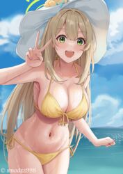  :d arm_up armpits bare_arms bare_shoulders bikini blue_archive breasts brown_hair cleavage collarbone cowboy_shot day female front-tie_bikini_top front-tie_top green_eyes groin halo halterneck hat highres large_breasts long_hair looking_at_viewer navel nonomi_(blue_archive) nonomi_(swimsuit)_(blue_archive) open_mouth outdoors side-tie_bikini_bottom smile smodzz998 solo standing stomach string_bikini sun_hat swimsuit thighs v very_long_hair wet white_hat yellow_bikini 