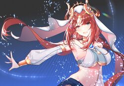  :d armpits blue_eyes blurry breasts circlet dancer detached_sleeves fake_horns female floating_hair genshin_impact horns large_breasts long_hair long_sleeves looking_at_viewer low_twintails midriff navel nilou_(genshin_impact) open_mouth outstretched_arm red_hair revealing_clothes smile solo stomach twintails underboob upper_body veil white_headwear white_veil xion32 