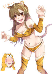  2girls absurdres animal_print anzo_(anzu_elichi0928) arms_up bare_shoulders blush breasts brown_eyes brown_hair chinese_zodiac cleavage commentary d4dj detached_sleeves fur_trim hair_between_eyes highres hood inuyose_shinobu long_hair medium_breasts multicolored_hair multiple_girls navel oerba_yun_fang open_mouth pink_hair sound_effects standing swimsuit tail thighhighs tiger_print two-tone_hair white_background yamate_kyouko year_of_the_tiger 