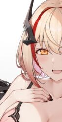  azur_lane blonde_hair blush bra breasts cleavage commentary_request cropped female hair_between_eyes hand_on_own_chest headgear large_breasts looking_at_viewer multicolored_hair open_mouth red_hair roon_(azur_lane) short_hair smile solo streaked_hair terras underwear yellow_eyes 