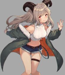  bare_shoulders belt blue_shorts blush breasts brown_hair closed_mouth commentary_request crop_top curled_horns cutoffs female fur-trimmed_jacket fur-trimmed_shorts fur_trim green_jacket grey_background groin horns jacket knees_together_feet_apart long_hair long_sleeves medium_breasts midriff navel off_shoulder open_clothes open_jacket original peroncho red_eyes ribbed_shirt shirt short_shorts shorts simple_background sleeveless sleeveless_shirt sleeveless_turtleneck smile solo thigh_gap thigh_strap thighs turtleneck very_long_hair w white_shirt 