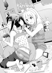  2girls :d animal_print artist_name ass bad_id bad_twitter_id bags_under_eyes barefoot bedroom blush bow bow_hairband camisole cat_print cellphone clock clothes_pull commentary controller couch cup curling_iron curtains cushion drawer dutch_angle game_controller greyscale hairband hairdressing highres hikaru_(ofuton_at5) holding holding_controller holding_game_controller indoors kuroki_tomoko long_hair looking_at_another loungewear magazine_(object) monochrome mug multiple_girls nemoto_hina open_magazine open_mouth panties pants pants_pull phone photo_(object) playing_games polka_dot polka_dot_camisole polka_dot_scrunchie ponytail ribbon scrunchie shorts sitting smartphone smile striped_camisole striped_clothes striped_panties striped_shorts stuffed_animal stuffed_rabbit stuffed_toy sweatdrop two_side_up underwear wall_clock watashi_ga_motenai_no_wa_dou_kangaetemo_omaera_ga_warui! window wrist_scrunchie 