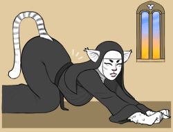  2025 4_fingers all_fours anthro bent_legs bingoblin black_clothing black_dress black_eyebrows black_veil blue_sky brown_wall claws closed_eyes closed_frown clothed clothed_anthro clothed_female clothing cloud digital_drawing_(artwork) digital_media_(artwork) domestic_cat dress english_description eyebrows eyelashes felid feline felis female female_anthro finger_claws fingers fist flat_colors frown fully_clothed fully_clothed_anthro fully_clothed_female fur grey_stripes hi_res inside lips long_tail mammal markings morning mouth_closed multicolored_tail nun nun_outfit pink_lips sky solo stretching striped_markings striped_tail stripes tail tail_markings thick_bottom_lip veil wall_(structure) white_body white_claws white_fur white_tail window 