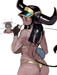  33dot animal_ears bell bikini black_hair body_freckles breasts brown_hair bull cleavage cow_ears cow_girl cow_tail cowbell ear_tag freckles gloves goat_horns gold_bikini golden_week highres holding horns jewelry krampus_(33dot) large_breasts large_horns long_hair looking_at_viewer original ox-chan_(33dot) ox_ears ox_girl ox_horns ox_tail simple_background smile swimsuit tail yellow_eyes 