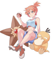  absurdres bikini bikini_under_clothes blue_eyes blush breasts crop_top denim denim_shorts female green_eyes highres holding holding_poke_ball kasumi_(pokemon) looking_at_viewer midriff moshi_(a24523815) navel orange_hair poke_ball poke_ball_(basic) pokemon pokemon_(creature) pokemon_lgpe psyduck shirt short_hair shorts side_ponytail simple_background smile solo staryu swimsuit white_background white_shirt 