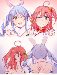  2girls 3e ;p ahoge animal_ear_fluff animal_ears bare_back bare_shoulders bell blue_hair braid carrot carrot_hair_ornament cherry_blossoms commentary_request don-chan_(usada_pekora) extra_ears false_smile food-themed_hair_ornament grabbing_another&#039;s_hair green_eyes hair_bell hair_between_eyes hair_ornament hairclip hololive long_braid long_hair multicolored_hair multiple_girls one_eye_closed open_mouth photoshop_(medium) pinching pink_hair rabbit_ears rabbit_girl sakura_miko sakura_miko_(1st_costume) scarf shoulder_blades smile sweat symbol-shaped_pupils teeth thick_eyebrows tongue tongue_out twin_braids two-tone_hair upper_teeth_only usada_pekora usada_pekora_(1st_costume) veins virtual_youtuber w white_hair x_hair_ornament yellow_eyes 