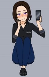  artist_request black_shirt blue_pants blush brand_name_imitation breast_pocket brown_hair cellphone female grey_background head_tilt holding holding_phone kisekae leg_up legs_together looking_at_viewer mole mole_under_eye pants phone pocket purple_eyes samsung samsung_sam shirt simple_background sitting smartphone smile solo source_request 