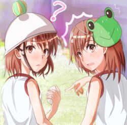  2girls :o ? bean_bag blush brown_eyes brown_hair frog_mask gekota green_mask gym_shirt hair_ornament helmet mask mask_on_head medium_hair misaka_imouto misaka_imouto_10032 misaka_mikoto multiple_girls pointing shirt shoya_(yama1979) siblings sisters sleeveless sleeveless_shirt standing toaru_kagaku_no_railgun toaru_kagaku_no_railgun_t toaru_majutsu_no_index tokiwadai_school_gym_uniform white_headwear white_shirt 