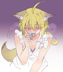  ahoge amano_soraha animal_ear_fluff animal_ears assault_lily bare_arms black_bra blonde_hair blue_eyes blush bra bra_peek breasts bright_pupils cleavage collarbone condom condom_wrapper cropped_legs embarrassed female fox_ears fox_girl fox_tail hair_between_eyes hand_to_own_mouth hand_up heavy_breathing highres holding holding_condom jewelry kemonomimi_mode looking_at_viewer low_ponytail medium_breasts motion_lines mouth_hold partially_unbuttoned ponytail purple_background purple_eyes ring shirt sleeveless sleeveless_shirt solo sorato_(astllatte) speech_bubble sweat tail translated trembling underwear upper_body white_background white_pupils white_shirt 