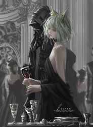  1other absurdres animal_ear_fluff animal_ears arknights artist_name bare_arms bare_back bare_shoulders black_coat black_dress black_hood black_jacket black_shirt blonde_hair breasts choker coat cocktail_dress collarbone commentary company_connection crossover cup doctor_(arknights) dress drinking_glass english_commentary female fengbuxiao green_hair hat head_tilt highres holding holding_cup hood hooded_coat hooded_jacket impasto indoors jacket kal&#039;tsit_(arknights) lofter_username looking_to_the_side md5_mismatch medium_breasts medium_hair military_uniform naval_uniform off-shoulder_dress off_shoulder people pixiv_username plate ribbon-trimmed_hood shirt signature standing strapless strapless_dress swept_bangs sword twitter_username uniform weapon weibo_watermark wine_glass yostar 