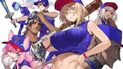  3boys 4girls angel_wings animal_ears baseball_(object) baseball_bat baseball_cap baseball_helmet belmond_banderas blonde_hair blood blue_eyes blue_hair blue_headwear blush breasts brown_eyes brown_hair cat_ears cat_girl commentary_request crop_top ex_albio green_eyes grey-framed_eyewear grey_hair grin gwelu_os_gar hat hayama_marin helmet highres holding holding_baseball_bat large_breasts long_hair moira_(nijisanji) multiple_boys multiple_girls nail nail_bat navel nijisanji noy nui_sociere oerba_yun_fang open_mouth parted_lips pink_hair short_hair skin_fang smile sunglasses teeth virtual_youtuber wings wristband yang_nari yellow_eyes 