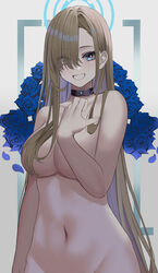  absurdres asuna_(blue_archive) blue_archive blue_eyes blue_flower blue_rose breasts choker collar female flower gaitoou grey_hair grin hair_over_breasts hair_over_one_breast hair_over_one_eye halo highres large_breasts looking_at_viewer navel nude one_eye_covered out-of-frame_censoring rose smile solo stomach 