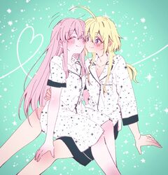  2girls ^_^ ahoge amano_soraha arm_at_side arm_support assault_lily black_shorts blonde_hair blush breast_pocket bright_pupils buttons cheek-to-cheek closed_eyes closed_mouth collarbone collared_shirt egawa_kusumi feet_out_of_frame gradient_background green_background hair_between_eyes hand_on_another&#039;s_back hand_on_another&#039;s_knee heads_together heart heart_of_string highres light_particles long_hair long_sleeves looking_at_another low_ponytail motion_lines multiple_girls pajamas pink_hair pocket ponytail print_pajamas purple_eyes shirt shorts sidelocks sitting sitting_on_lap sitting_on_person smile sorato_(astllatte) sparkle sparkle_print very_long_hair white_pajamas white_pupils white_shirt yuri 