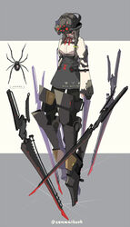  arthropod_girl black_hair black_skirt collared_shirt female full_body goggles long_sleeves mecha_musume neck_ribbon original print_skirt red_ribbon ribbon shirt skirt sleeves_past_wrists solo spider_girl twintails white_shirt zenmaibook 