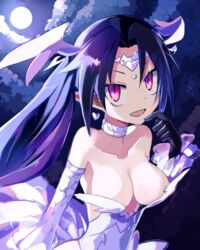  :d bad_id bad_pixiv_id bare_shoulders black_gloves black_hair breasts choker circlet collarbone dei_(hiyo) detached_sleeves disgaea dress earrings female full_moon gloves head_wings heart heart_earrings jewelry large_breasts long_hair looking_at_viewer makai_senki_disgaea_6 melodia_(disgaea) moon open_mouth pointy_ears red_eyes smile solo upper_body white_choker white_dress white_sleeves wings 