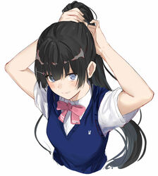  alternate_hairstyle arms_up black_hair blue_eyes blue_vest blush bow bowtie breasts closed_mouth collared_shirt commentary duplicate female grin hair_between_eyes hair_ornament hairclip highres isshiki_(ffmania7) long_hair looking_at_viewer medium_breasts nijisanji pink_bow pink_bowtie pixel-perfect_duplicate ponytail shirt short_sleeves simple_background smile solo straight_hair sweater_vest tsukino_mito tsukino_mito_(3rd_costume) tying_hair upper_body vest virtual_youtuber white_background white_shirt 