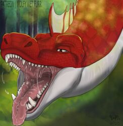  bodily_fluids bust_portrait dragon feral forest hi_res male mouth_shot mythological_creature mythological_scalie mythology open_mouth outside plant portrait red_body red_scales saliva scales scalie solo talonblaze teeth tongue tree wolfywetfurr_(artist) 