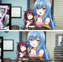  2girls absurdres blue_eyes blue_hair blush blush_stickers breasts brooklyn_nine-nine chibi cleavage closed_mouth commentary elie_wayne english_commentary english_text heterochromia highres holding_chibi holding_person hololive hololive_english i&#039;ve_only_had_arlo_for_a_day_and_a_half_(meme) irys_(hololive) irys_(irys_1.0)_(hololive) jan_azure long_hair looking_at_viewer medium_breasts meme multiple_girls original parody parted_lips purple_eyes red_hair smile subtitled virtual_youtuber 