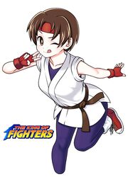  ass breasts brown_eyes brown_hair commentary_request copyright_name dougi eron female fingerless_gloves gloves headband highres looking_at_viewer one_eye_closed ryuuko_no_ken shoes short_hair simple_background smile sneakers socks solo spandex the_king_of_fighters tongue tongue_out white_background yuri_sakazaki 