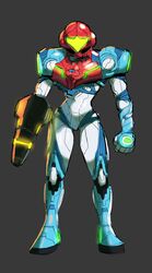  arm_cannon armor assault_visor boots dreaminerryday female full_armor full_body green_visor helmet highres holding looking_at_viewer metroid metroid_dread power_armor power_suit_(metroid) samus_aran science_fiction shoulder_armor sidelocks simple_background solo weapon 